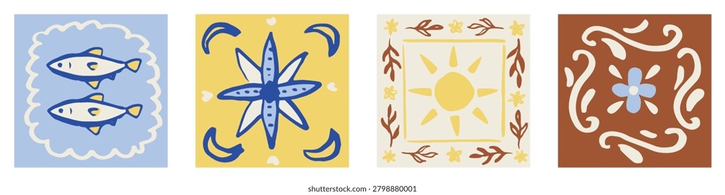 Set of freehand ink doodle abstract tiles illustrations in mediterranean style. Trendy Italian summer mosaic background. Hand drawn vector design. Boho, Sicilian lemons, coastal wallpaper, card.