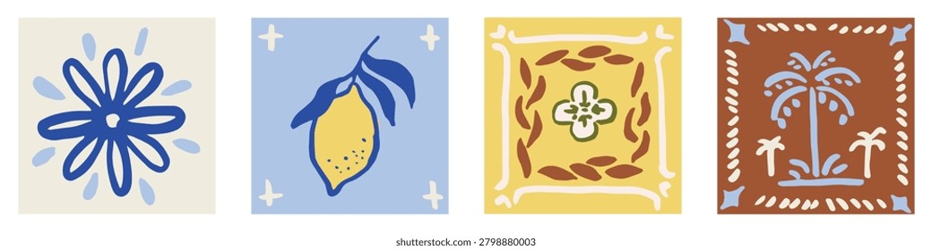 Set of freehand ink doodle abstract tiles illustrations in mediterranean style. Trendy Italian summer mosaic background. Hand drawn vector design. Boho, Sicilian lemons, coastal wallpaper, card.