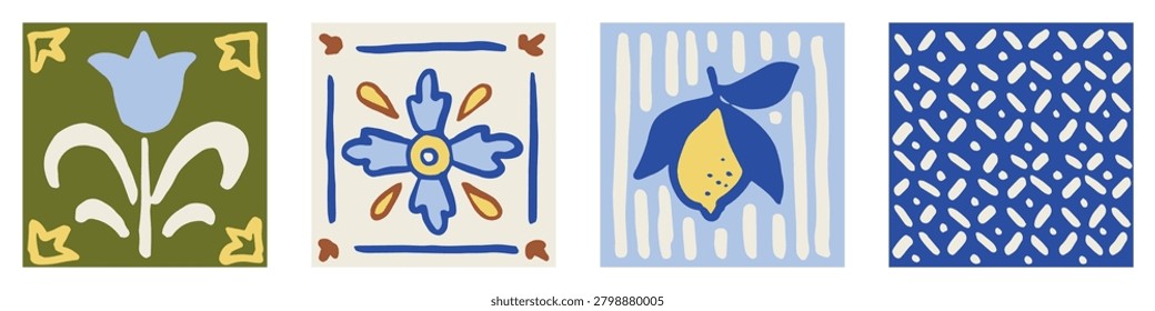 Set of freehand ink doodle abstract tiles illustrations in mediterranean style. Trendy Italian summer mosaic background. Hand drawn vector design. Boho, Sicilian lemons, coastal wallpaper, card.