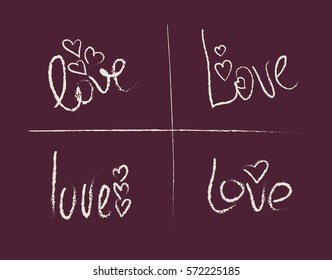 Set freehand letters "love" text doodles, valentine's day. Set inscription in chalk on blackboard