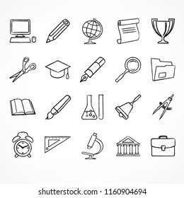 Set of freehand linear school icons on white. Vector illustration.