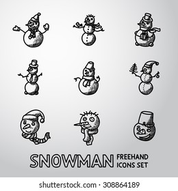 Set of freehand Snowman icons with different shapes, hats etc. Vector