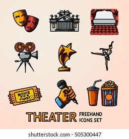 Set of freehand Theater icons - masks, theater, stage, cinema, award, ballet, ticket, popcorn and cola, hand with microphone. Vector