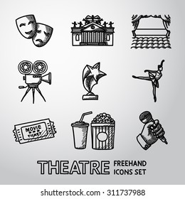 Set of freehand Theatre icons - masks, theater, stage, cinema, award, ballet, ticket, popcorn and cola, hand with microphone. Vector