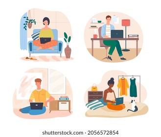 Set of freelance. Collection of pictures with people who work from home. Modern technologies, new professions, convenient workplace. Cartoon flat vector illustration isolated on white background