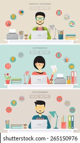 Set Of Freelance Job, Graphic Designer, Copywriter, Programmer, Banners For Websites Flat Design Style