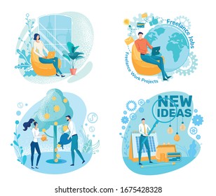 Set, Freelance Jobs and Work Projects, new Ideas. Girl and Guy are Sitting in their Homes and Working in Laptop. They Invest in their Business, Tree, and Receive Income from it, in form Fruits.