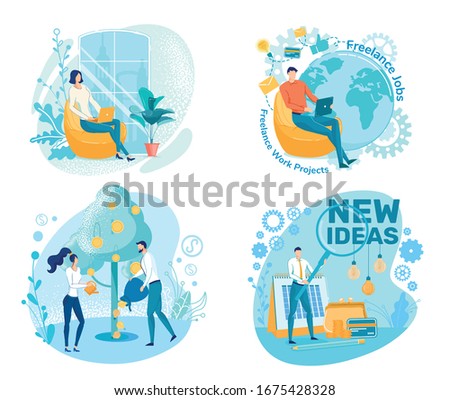 Set, Freelance Jobs and Work Projects, new Ideas. Girl and Guy are Sitting in their Homes and Working in Laptop. They Invest in their Business, Tree, and Receive Income from it, in form Fruits.