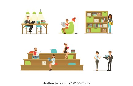 Ilustración de vectores de caricaturas en un conjunto de personas independientes o estudiantes que trabajan, aprenden o estudian en casa o en oficinas de espacio abierto