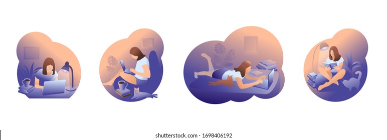 Set of freelance people. Woman working from home remotely. Home office workplace. Teenage girl student preparing for exams at home. Distance education. Online studying. Vector flat illustration.