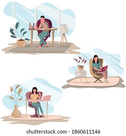 Las personas independientes trabajan en condiciones cómodas en casa. Carácter independiente que trabaja desde un lugar de trabajo conveniente para el hogar. Ilustración vectorial al estilo de las caricaturas.