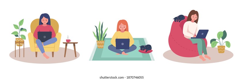 Set of freelance people work in comfortable conditions at home. Cartoon character flat vector illustration.