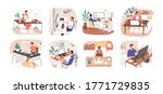 Set of freelance people working remotely vector flat illustration. Collection of man and woman use computer or laptop at comfortable workplace isolated on white. Self employed person at home office