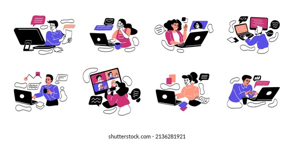 Gruppe von freiberuflichen Leuten, die remote arbeiten. Männer und Frauen arbeiten an Computern und Laptops. Home Office oder flexibler Zeitplan. Online-Konferenz. Cartoon-FlachVektorgrafik, einzeln auf weißem Hintergrund