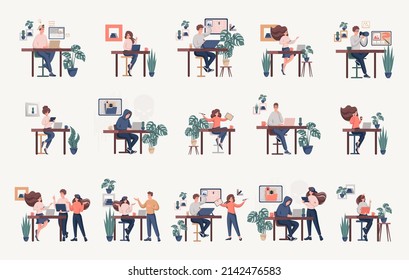 Set of freelance people working remotely. A collection of men and women use a laptop at a convenient workplace. Programmer, hacker, illustrator, designer, copywriter.