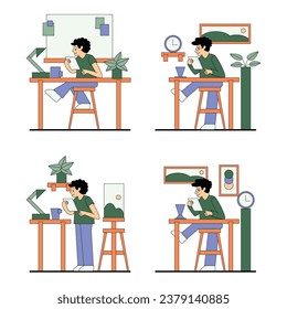 set of freelance people working remotely vector flat illustration Collection of man and woman use paper