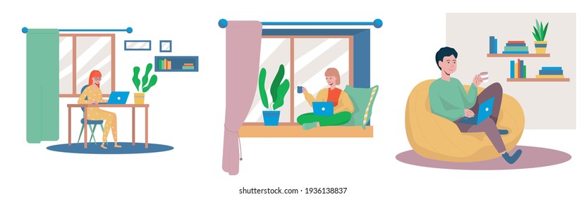 Conjunto de trabajo independiente y remoto. Hombre y mujer descansan y sueñan con algo en su lugar de trabajo. Ilustración vectorial en estilo plano.