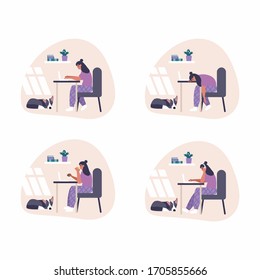 Set of freelance work at home concept illustrations - Woman with headset is working with laptop at home. Flat illustration of working process at home office.