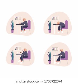Set of freelance work at home concept illustrations - Woman with headset is working with laptop at home. Flat illustration of working process at home office.