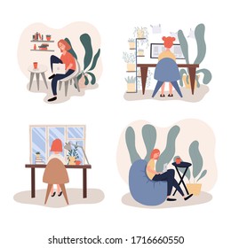 Set of freelance workers. Young women working at home vector flat illustration.