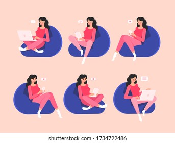 Set of freelancer girls in home clothes with gadgets. Sit in comfortable poses on a bean bag chair. Mobile phone, tablet and laptop in the hands. Colorful vector illustration in flat style.