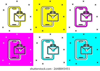 Definir ícone de Freelancer isolado no plano de fundo colorido. Homem Freelancer trabalhando em laptop em sua casa. Trabalho on-line, conceito de trabalho distante.  Vetor