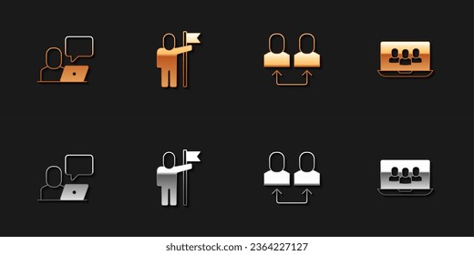 Set Freelancer, Man holding flag, Exchange work and Project team base icon. Vector