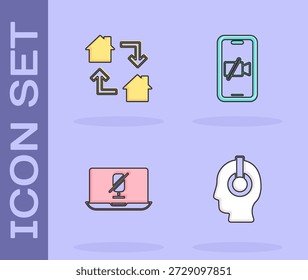 Set Freelancer, Online working, Mute microphone on laptop and Video camera Off mobile icon. Vector