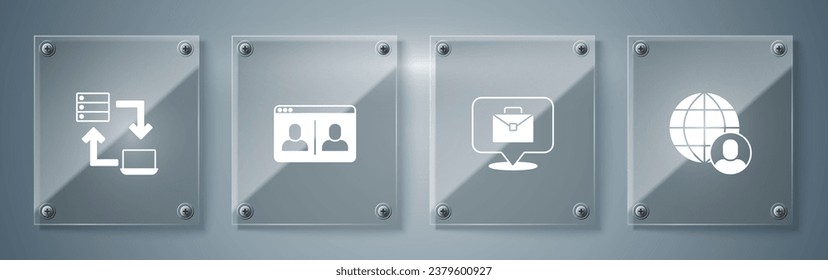 Poner a Freelancer, trabajar en línea, videoconferencia y . Paneles de vidrio cuadrado. Vector