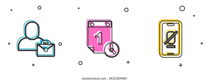 Set Freelancer, Time management and Mute microphone on mobile icon. Vector