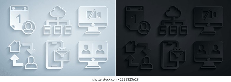 Configure el programa de trabajo independiente, la cámara de vídeo desactivada en el equipo, el trabajo en línea, la conferencia de chat y el icono de administración de tiempo. Vector