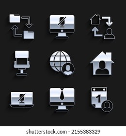 Set Freelancer, Video chat conference, Time management, Online working, Mute microphone laptop, Office chair,  and Cloud storage document folder icon. Vector