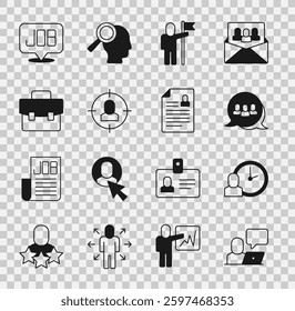 Set Freelancer, Work time, Project team base, Man holding flag, Head hunting, Briefcase, Search job and Resume icon. Vector