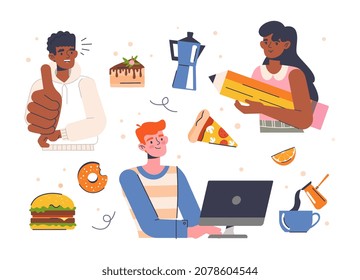 Set of freelancers. Collection of men and girls working behind computers. Modern techology, remote work. Monitor, comfort workplace. Cartoon flat vector illustrations isolated on white background