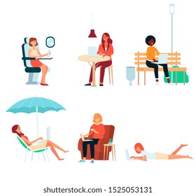Set of freelancers with laptop cartoon style, vector illustration isolated on white background. Woman with computer sitting in different workplaces, remote work, home office