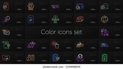 Set of Freezing click, Quick tips and Dating line icons. Include Microscope, Survey, Yummy smile icons. Calendar, Loyalty program, Truck transport web elements. Delivery service, Speaker. Vector