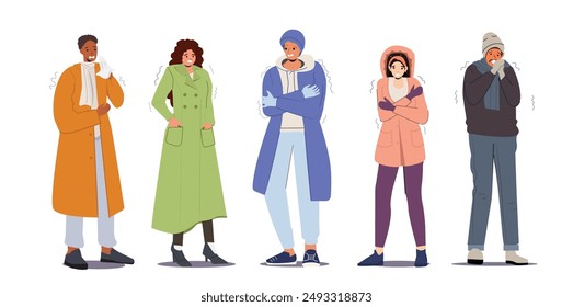 Conjunto de Personas de congelación, concepto de Clima frío. Personajes masculinos y femeninos con ropa cálida de invierno temblando con sensación de frío e indisposición. sufriendo Climas fríos y estaciones.