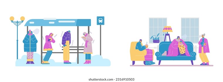 Set of freezing people at home and outdoor scenes flat style, vector illustration isolated on white background. Shivering people at bus stop, characters in plaids, cold weather, season