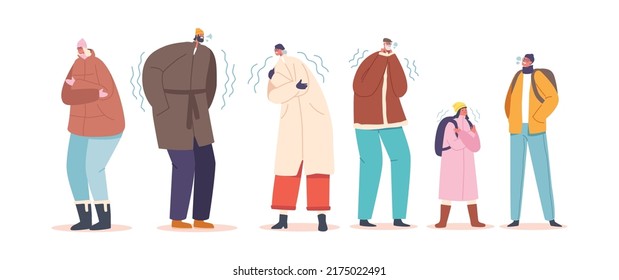 Set of Freezing People at Wintertime Season Freeze, Cold Weather Concept. Male and Female Characters Wear Warm Winter Clothes Suffering of Low Minus Degrees Temperature. Cartoon Vector Illustration