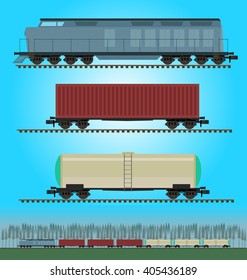 Set of freight train cargo cars. Container, tank, hopper and box freight train cars. Logistics heavy railway transport design elements. Flat style