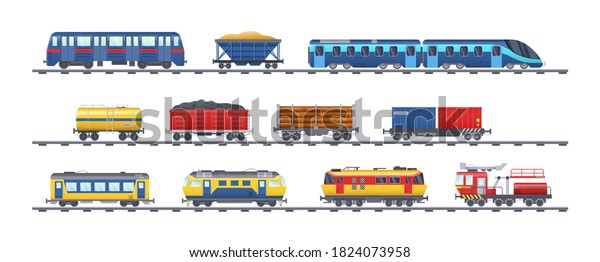 Set of\
freight train with wagons, tanks, freight, cisterns. Railway\
locomotive train with oil wagon, transportation cargo, railway\
transport locomotive, subway metro vector\
isolated