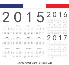 Set of french 2015, 2016, 2017 year vector calendars. Week starts from Monday.