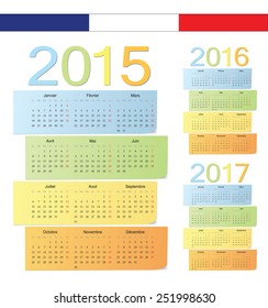 Set of French 2015, 2016, 2017 color vector calendars. Week starts from Monday.
