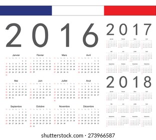 Set of french 2016, 2017, 2018 year vector calendars. Week starts from Sunday.