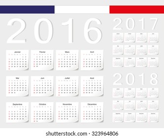 Set of French 2016, 2017, 2018 vector calendars with shadow angles. Week starts from Sunday.