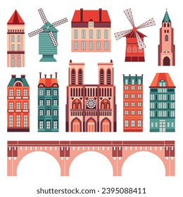 Set of French architectural landmarks, traditional houses and famous buildings of Paris and France. Such as cathedral, mills and medieval merchant homes.