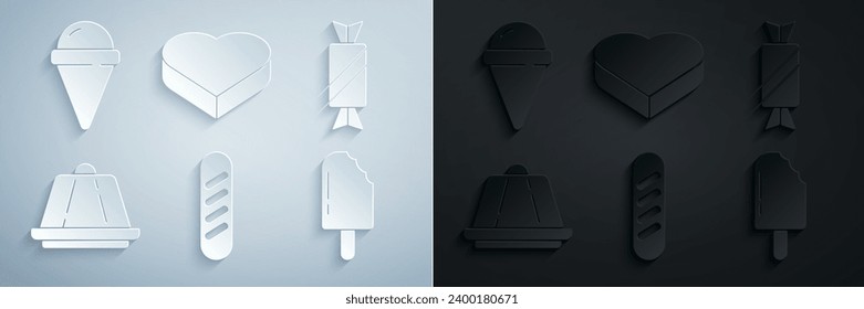 Set French baguette bread, Candy, Pudding custard, Ice cream, heart shaped box and waffle cone icon. Vector
