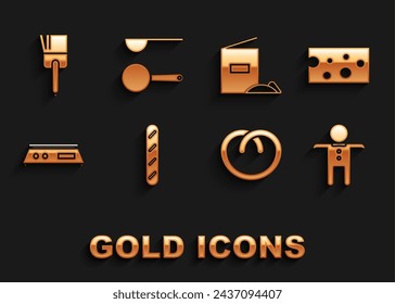 Set French baguette bread, Cheese, Holiday gingerbread man cookie, Pretzel, Electronic scales, Flour pack, Kitchen brush and Measuring spoon icon. Vector