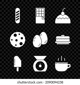 Set French baguette bread, Chocolate bar, Cake, Ice cream, Scales, Coffee cup, Cookie or biscuit and Easter eggs icon. Vector