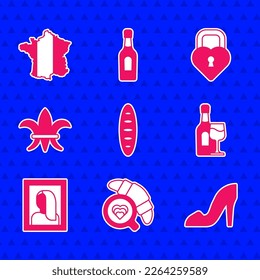 Set French baguette bread, Coffee cup with croissant, Woman shoe, Wine bottle glass, Portrait picture museum, Fleur De Lys, Castle the shape heart and Map France icon. Vector